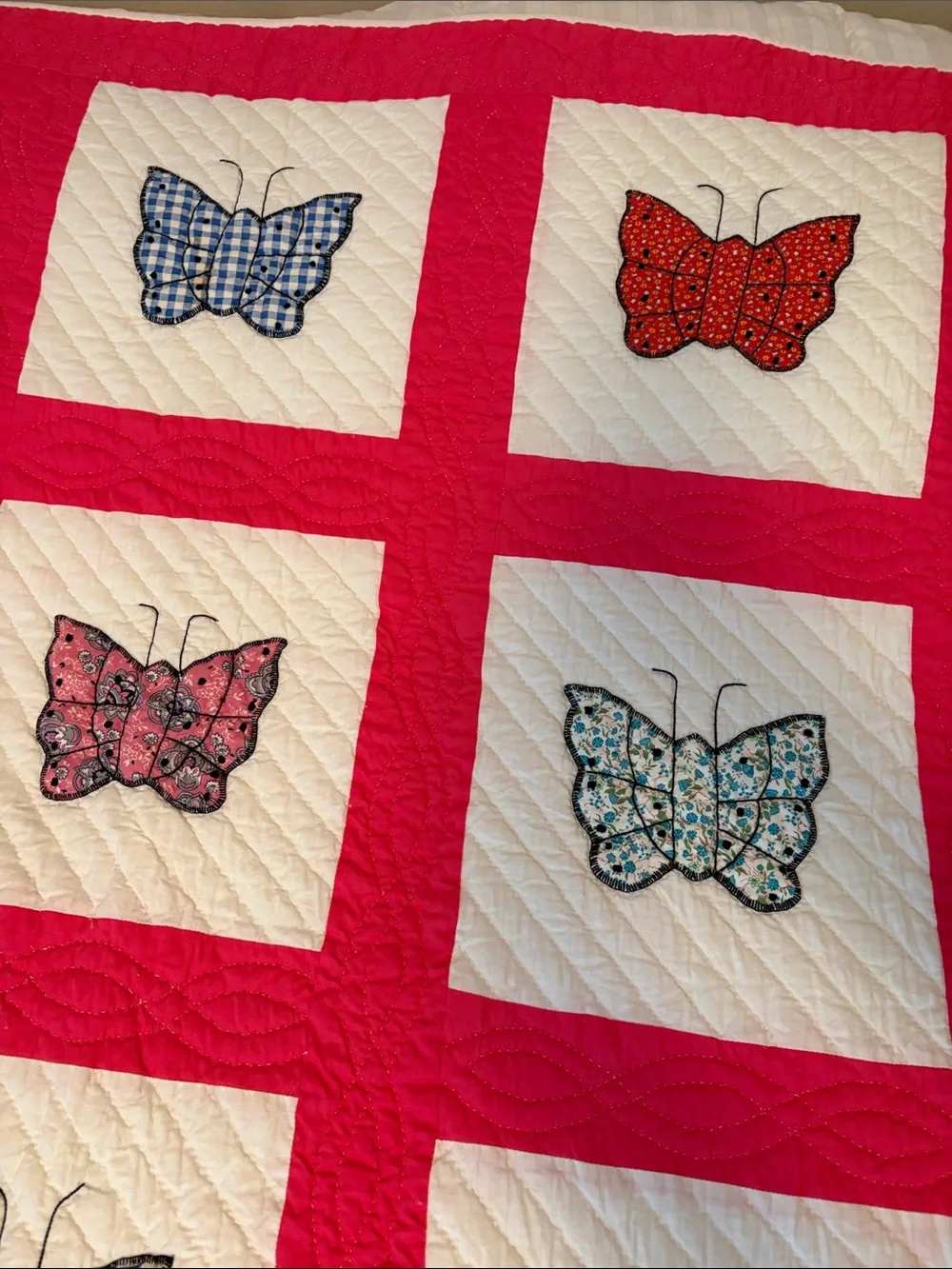 Vintage  handcrafted Butterfly Patchwork Quilt - Pink and White